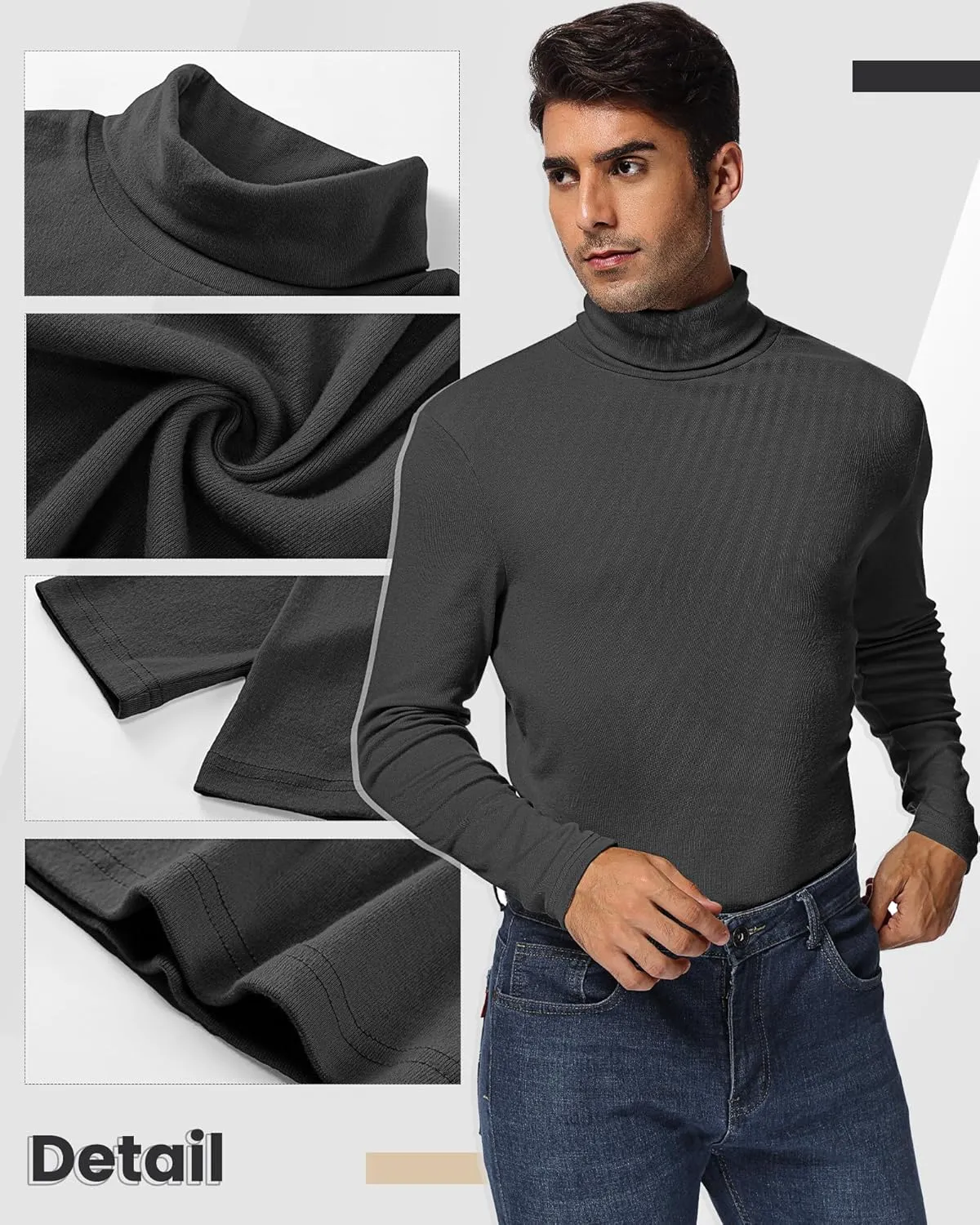 Ficerd 3 Pack Men's Turtleneck Shirts, Long Sleeve Cotton Pullover Sweaters Mock Neck Knitted T Shirt Basic Slim Fit Tee Tops