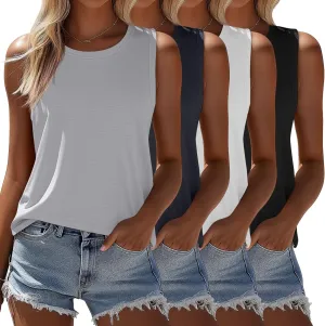 Ficerd 4 Pack Women's Sleeveless Tops, Casual Summer Loose Fit T Shirts Solid Color Tunic Tank Tops Ladies' Crew Neck Tee