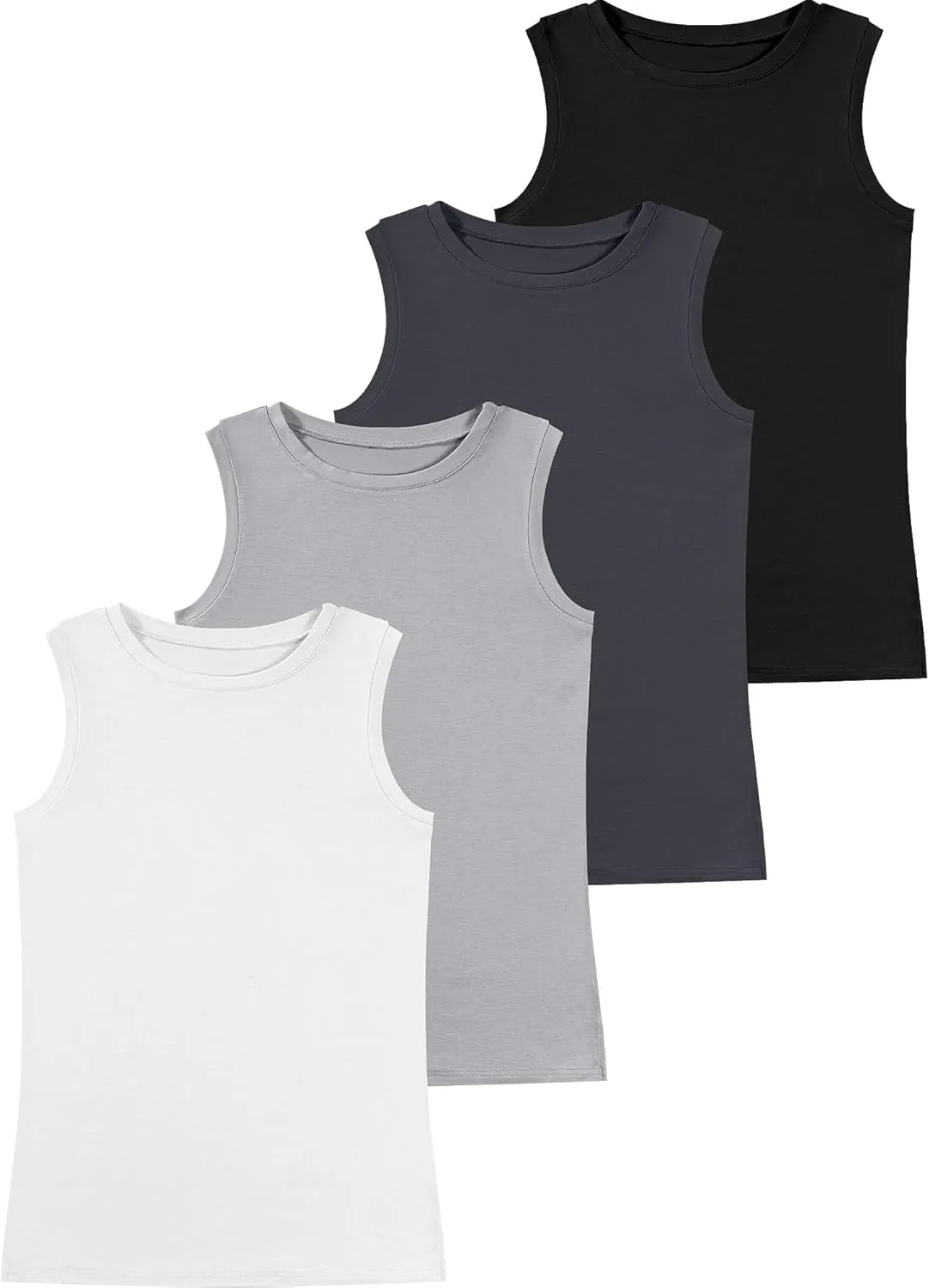 Ficerd 4 Pack Women's Sleeveless Tops, Casual Summer Loose Fit T Shirts Solid Color Tunic Tank Tops Ladies' Crew Neck Tee