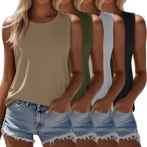 Ficerd 4 Pack Women's Sleeveless Tops, Casual Summer Loose Fit T Shirts Solid Color Tunic Tank Tops Ladies' Crew Neck Tee