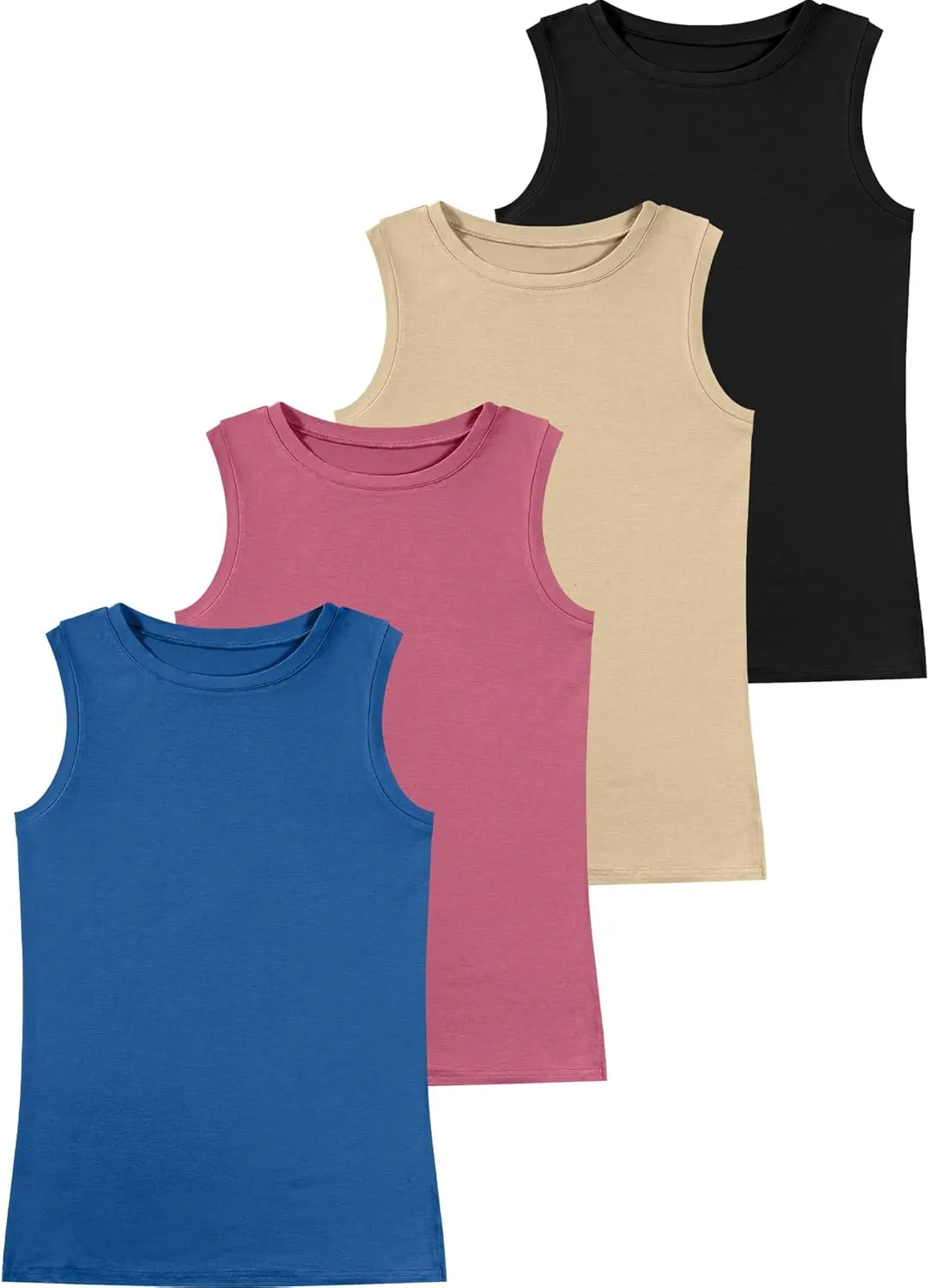 Ficerd 4 Pack Women's Sleeveless Tops, Casual Summer Loose Fit T Shirts Solid Color Tunic Tank Tops Ladies' Crew Neck Tee
