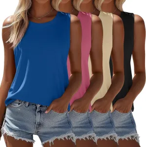 Ficerd 4 Pack Women's Sleeveless Tops, Casual Summer Loose Fit T Shirts Solid Color Tunic Tank Tops Ladies' Crew Neck Tee