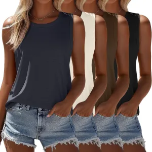 Ficerd 4 Pack Women's Sleeveless Tops, Casual Summer Loose Fit T Shirts Solid Color Tunic Tank Tops Ladies' Crew Neck Tee