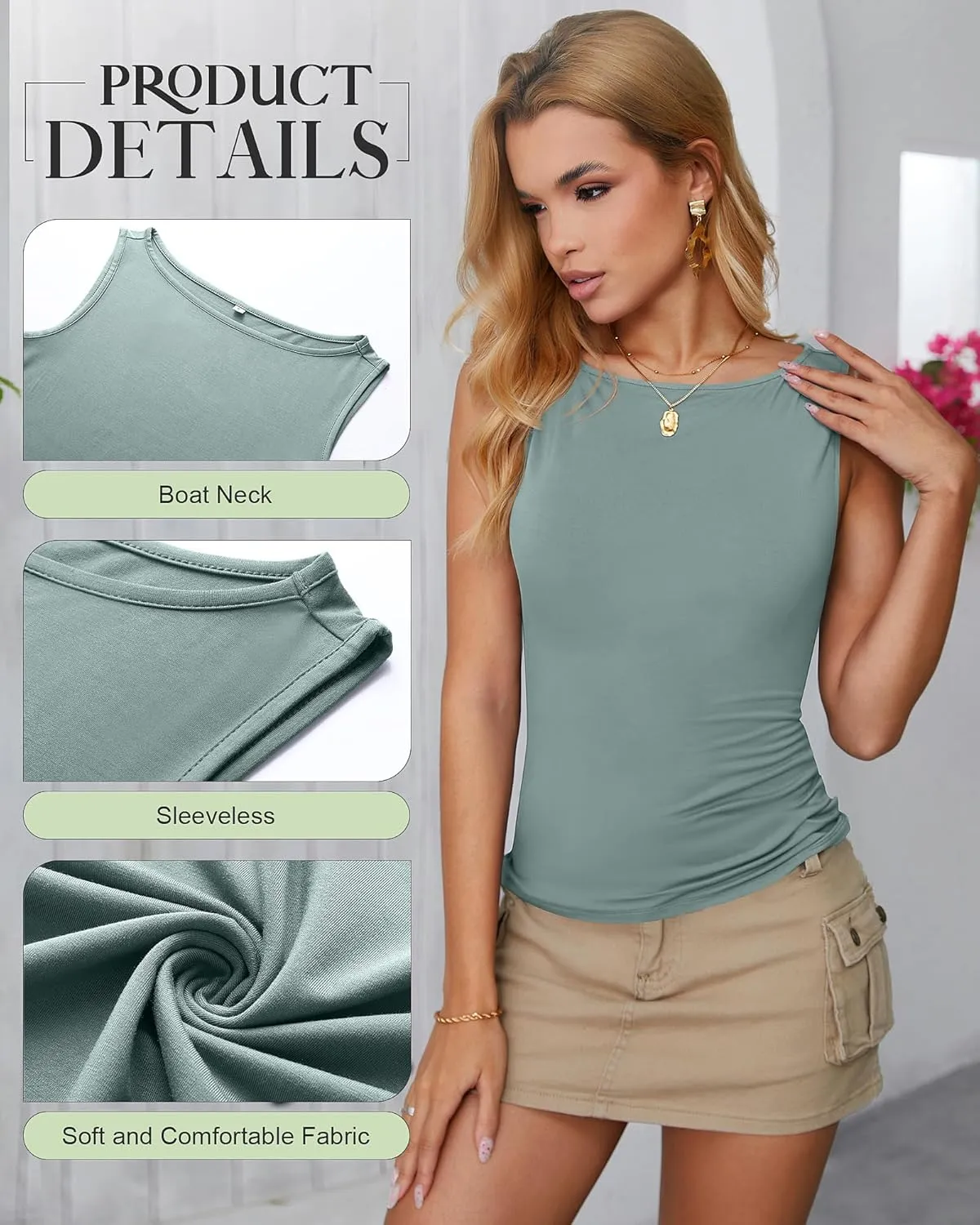 Ficerd Women 3 Piece Boat Neck Tank Tops Sleeveless Crop Shirts Summer Casual Slim Fit Going Out Basic Y2K Fashion Tee