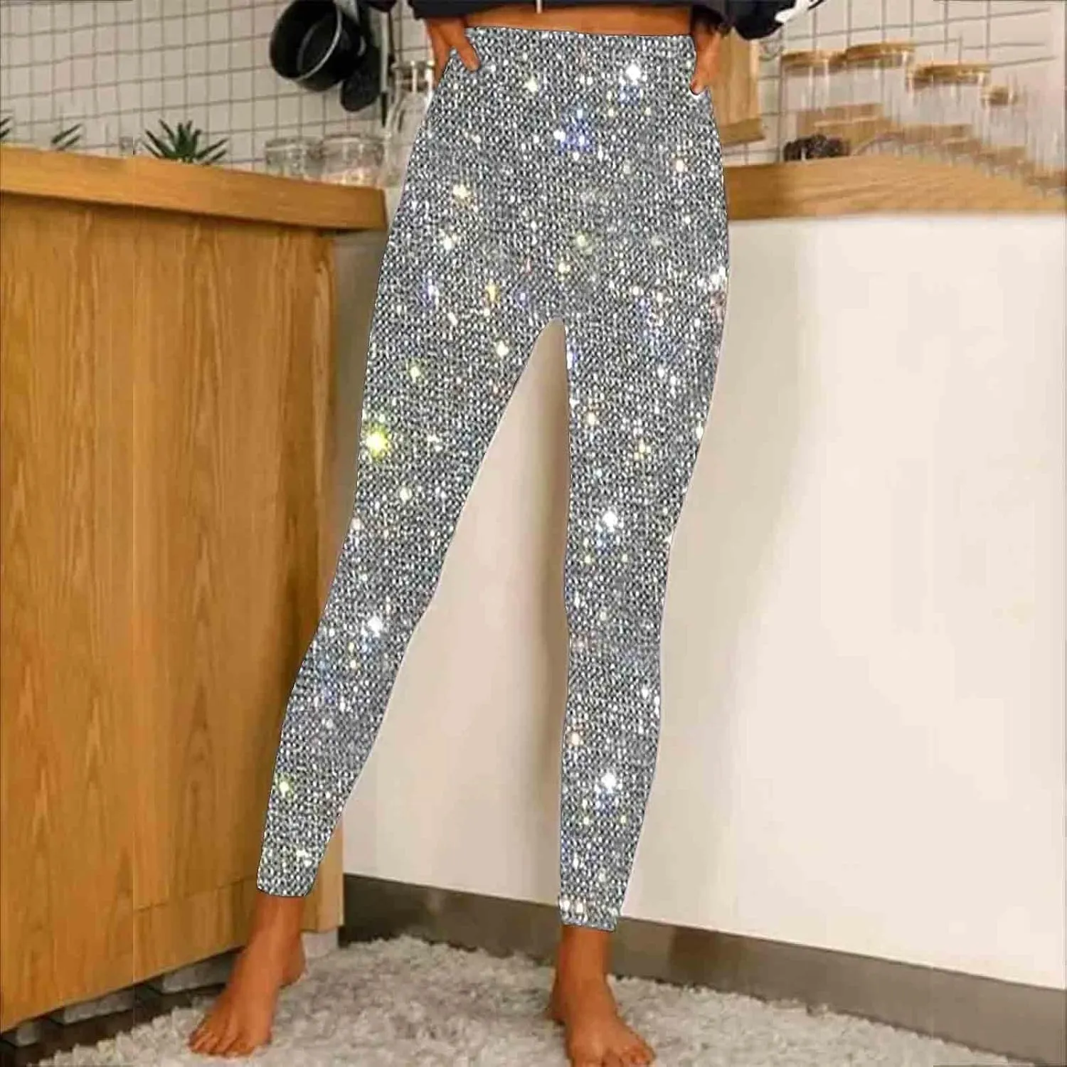 Firzero Black Leggings Women Dressy Sequin Bling Legging Joggers Elastic High Waist Pencil Pants Sparkly Skinny Trousers