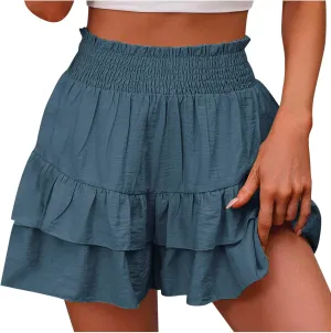 Flowy Shorts for Women 2025 Boho Ruffled Tiered Skorts Casual High Waist Mini Skirts Solid Color Comfy Shorts