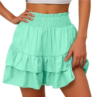Flowy Shorts for Women 2025 Boho Ruffled Tiered Skorts Casual High Waist Mini Skirts Solid Color Comfy Shorts