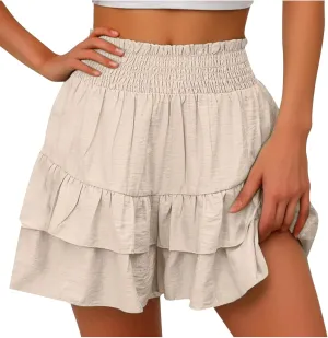 Flowy Shorts for Women 2025 Boho Ruffled Tiered Skorts Casual High Waist Mini Skirts Solid Color Comfy Shorts
