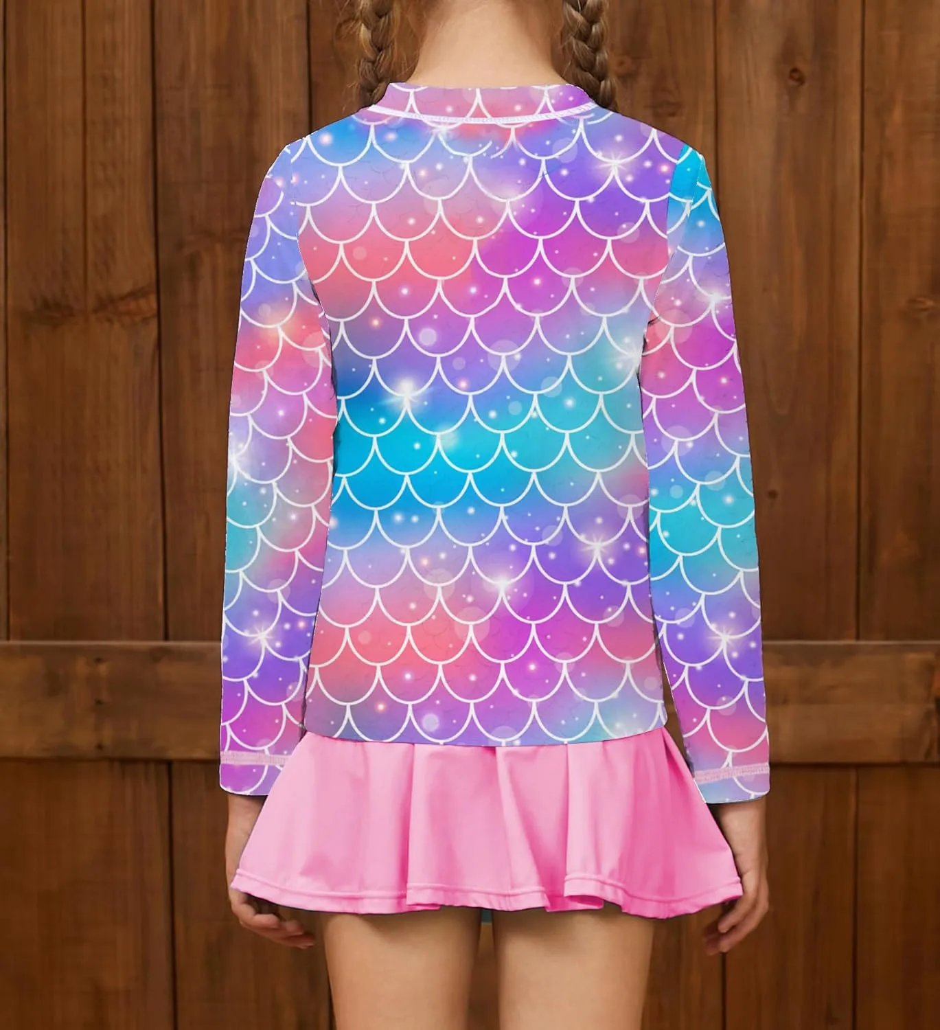 Girls Rash Guard Set Two Pieces Printed Zipper Swimsuit Skirt with Shorts 3-12T