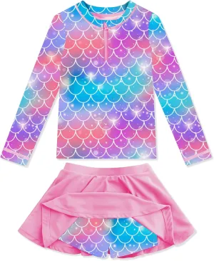 Girls Rash Guard Set Two Pieces Printed Zipper Swimsuit Skirt with Shorts 3-12T