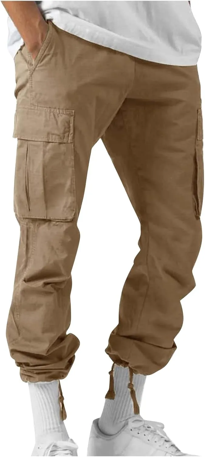 GOFULY Cargo Pants Mens Baggy Drawstring Elastic Waist Sweat Pants Tall with Multi Pockets Pants Casual Joggers Trousers