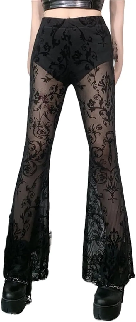 Gothic Bell Bottom Pants for Women Goth Grunge Black High Waisted Flare Leggings Boho Hippie Festival Outfits