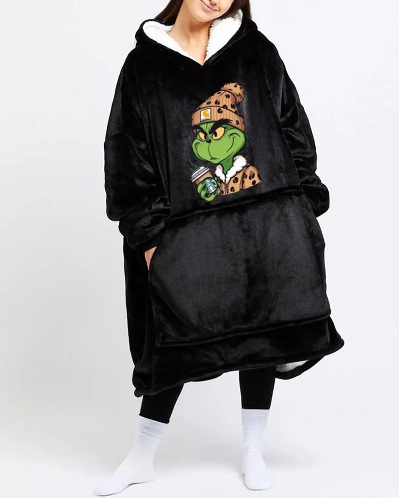 Grinch print loose casual blanket hoodie
