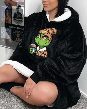 Grinch print loose casual blanket hoodie