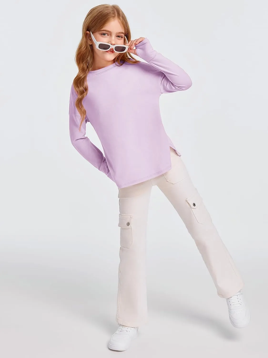 Haloumoning Girls Athletic Shirts Long Sleeve Active Quick Dry Tops Kids Gym Yoga Tees with Thumb Holes 5-14 Years