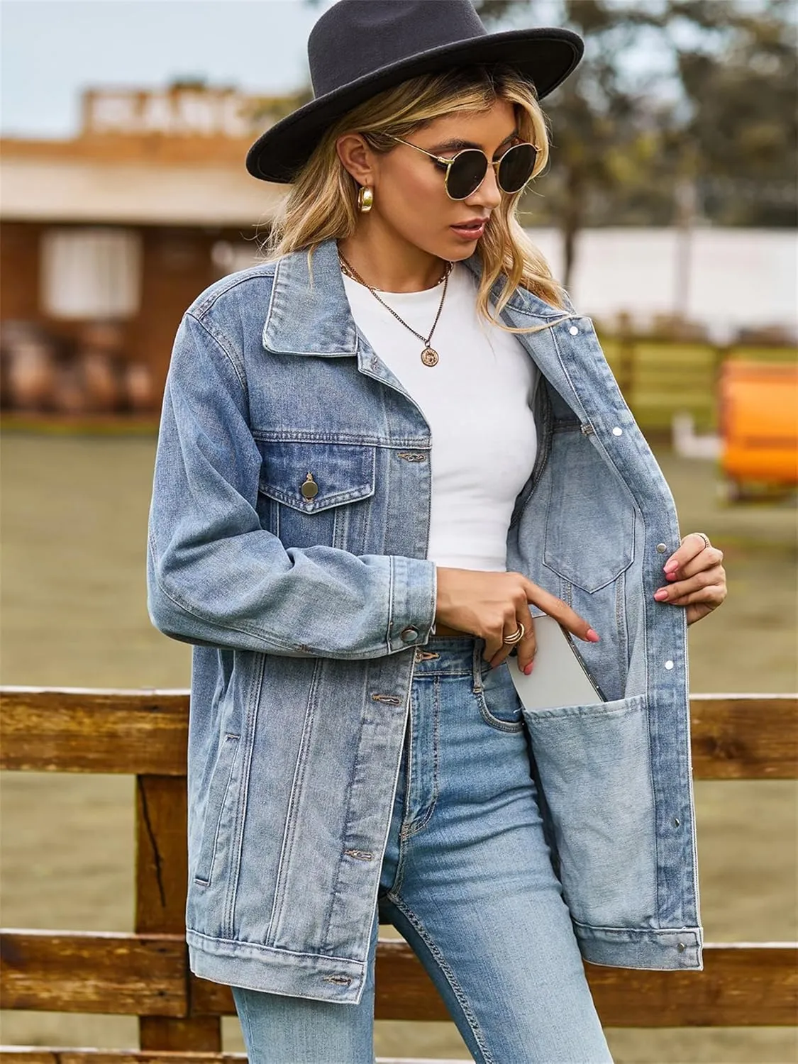 hathne Jean Jacket Women Oversized Casual Distressed Denim Jacket Button Down Long Sleeve Shirt Coat with Pockets