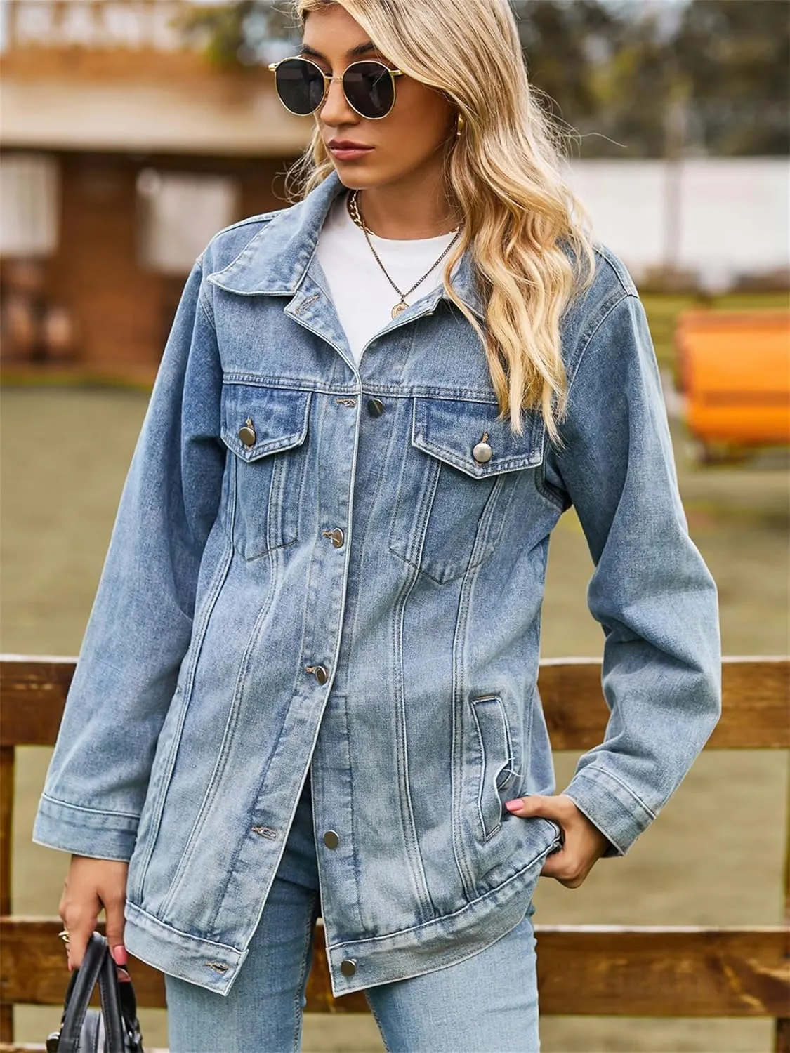 hathne Jean Jacket Women Oversized Casual Distressed Denim Jacket Button Down Long Sleeve Shirt Coat with Pockets