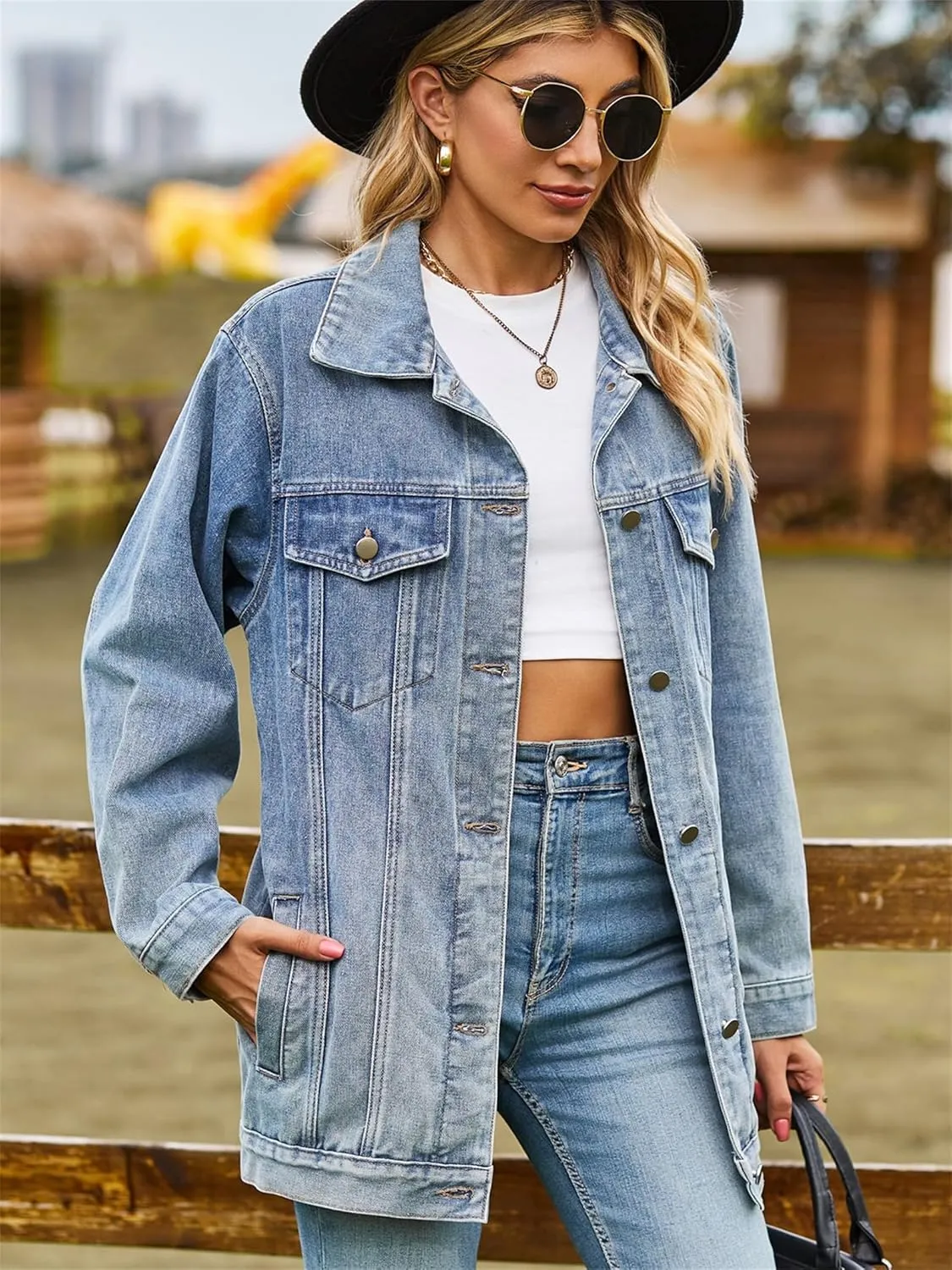 hathne Jean Jacket Women Oversized Casual Distressed Denim Jacket Button Down Long Sleeve Shirt Coat with Pockets