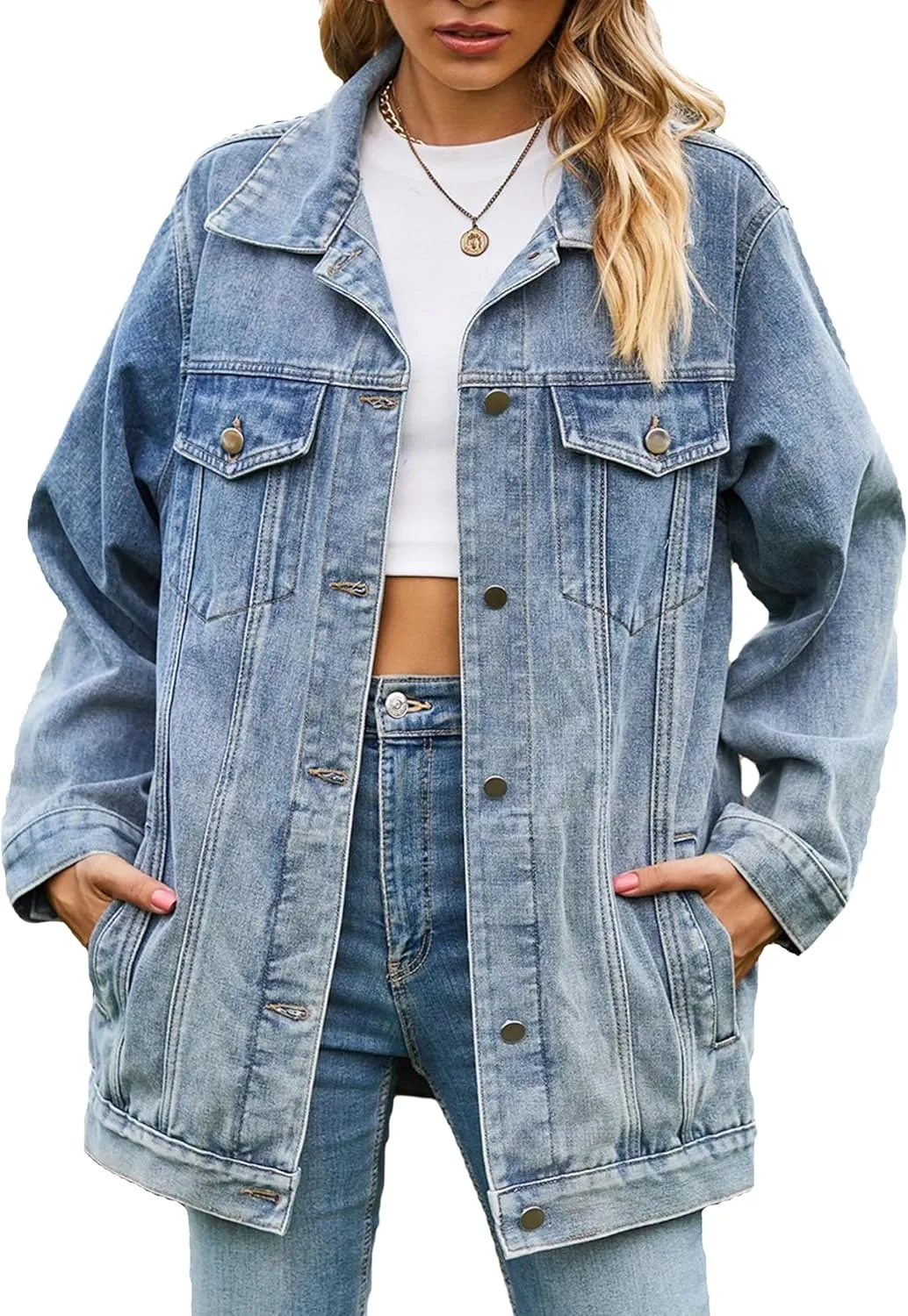 hathne Jean Jacket Women Oversized Casual Distressed Denim Jacket Button Down Long Sleeve Shirt Coat with Pockets