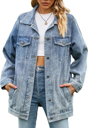 hathne Jean Jacket Women Oversized Casual Distressed Denim Jacket Button Down Long Sleeve Shirt Coat with Pockets