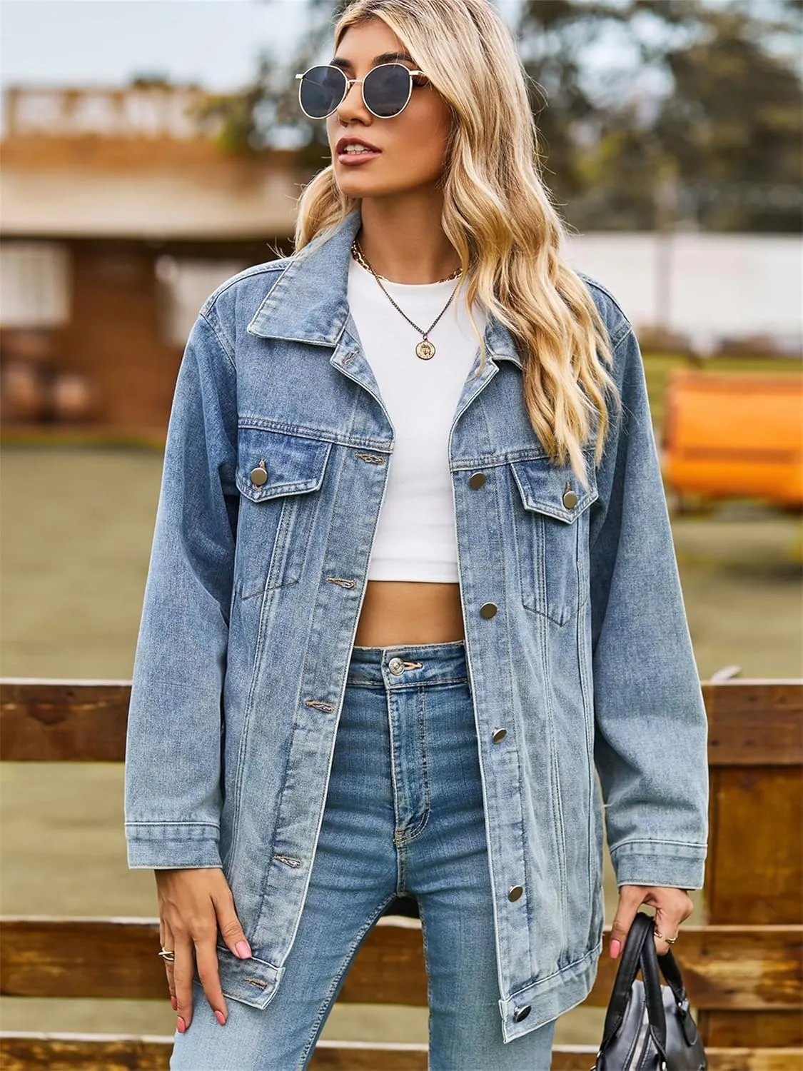 hathne Jean Jacket Women Oversized Casual Distressed Denim Jacket Button Down Long Sleeve Shirt Coat with Pockets