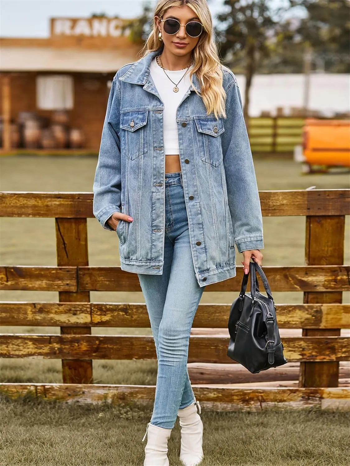 hathne Jean Jacket Women Oversized Casual Distressed Denim Jacket Button Down Long Sleeve Shirt Coat with Pockets