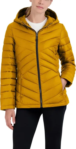 HFX Women's Short Lightweight Quilted Jacket Zipper Front Pockets Hood 25" Packable Puffer Coat
