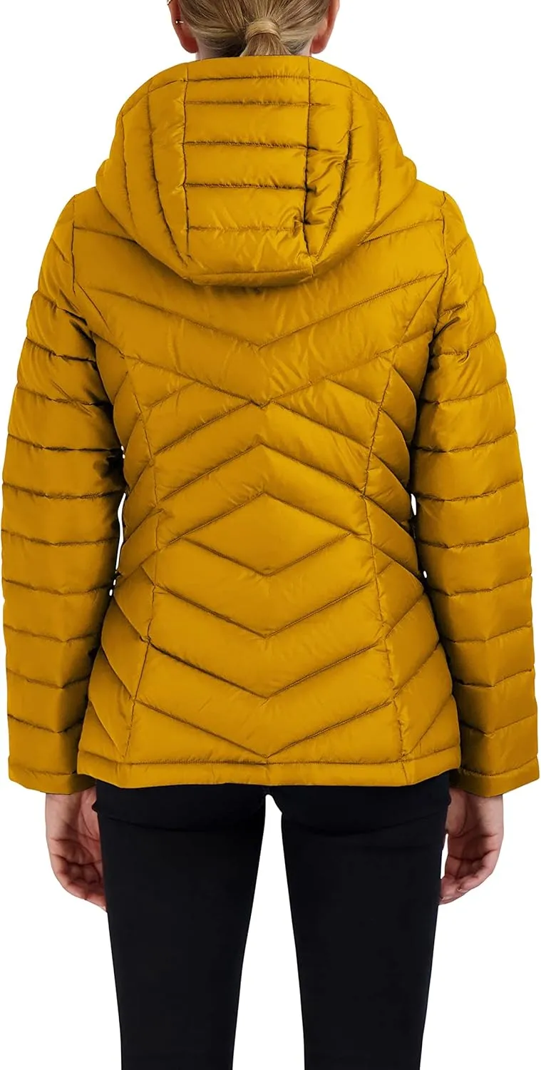 HFX Women's Short Lightweight Quilted Jacket Zipper Front Pockets Hood 25" Packable Puffer Coat
