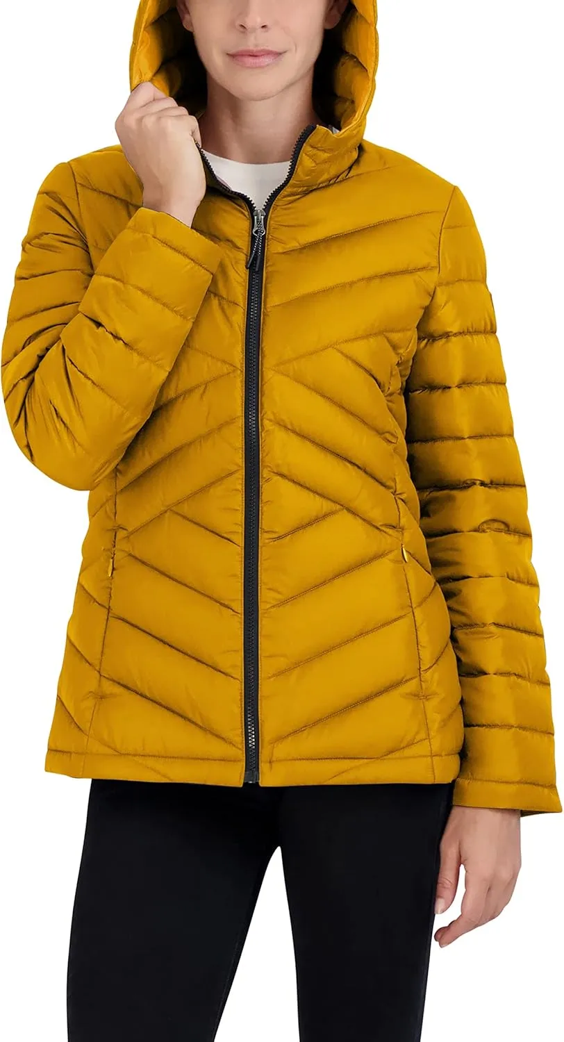 HFX Women's Short Lightweight Quilted Jacket Zipper Front Pockets Hood 25" Packable Puffer Coat