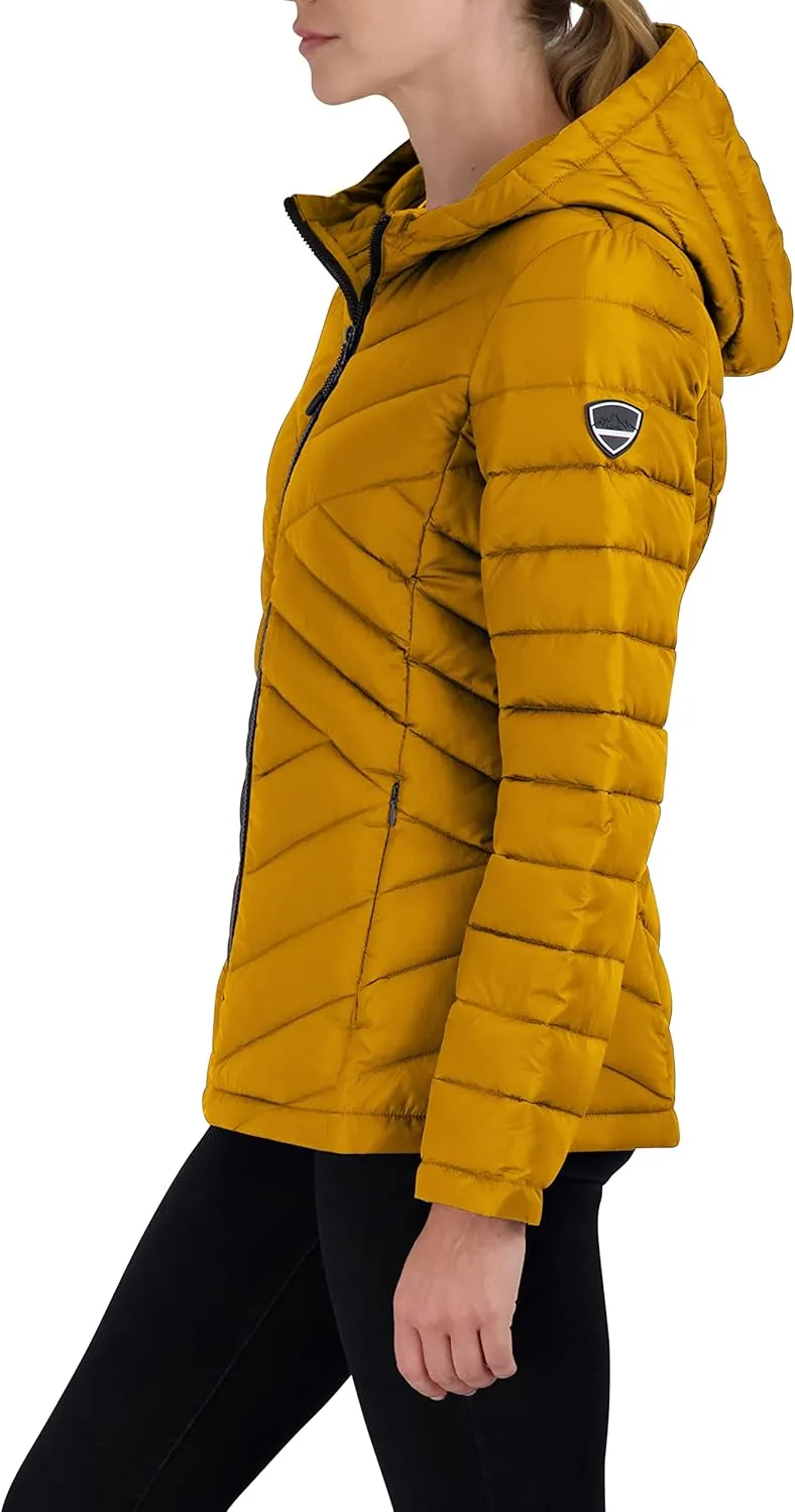 HFX Women's Short Lightweight Quilted Jacket Zipper Front Pockets Hood 25" Packable Puffer Coat