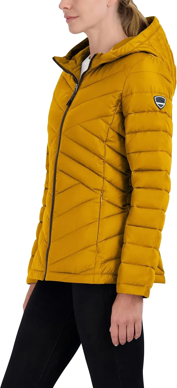 HFX Women's Short Lightweight Quilted Jacket Zipper Front Pockets Hood 25" Packable Puffer Coat