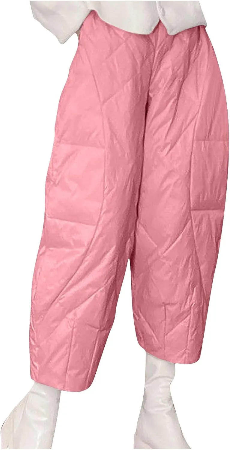 HGps8w Lightweight Baggy Down Cotton Pants for Women Plus Size Casual Warm Winter Padded Quilted Insulation Harem Pants