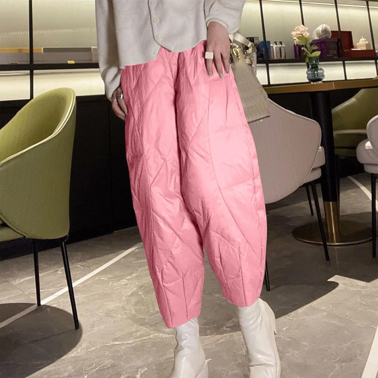 HGps8w Lightweight Baggy Down Cotton Pants for Women Plus Size Casual Warm Winter Padded Quilted Insulation Harem Pants