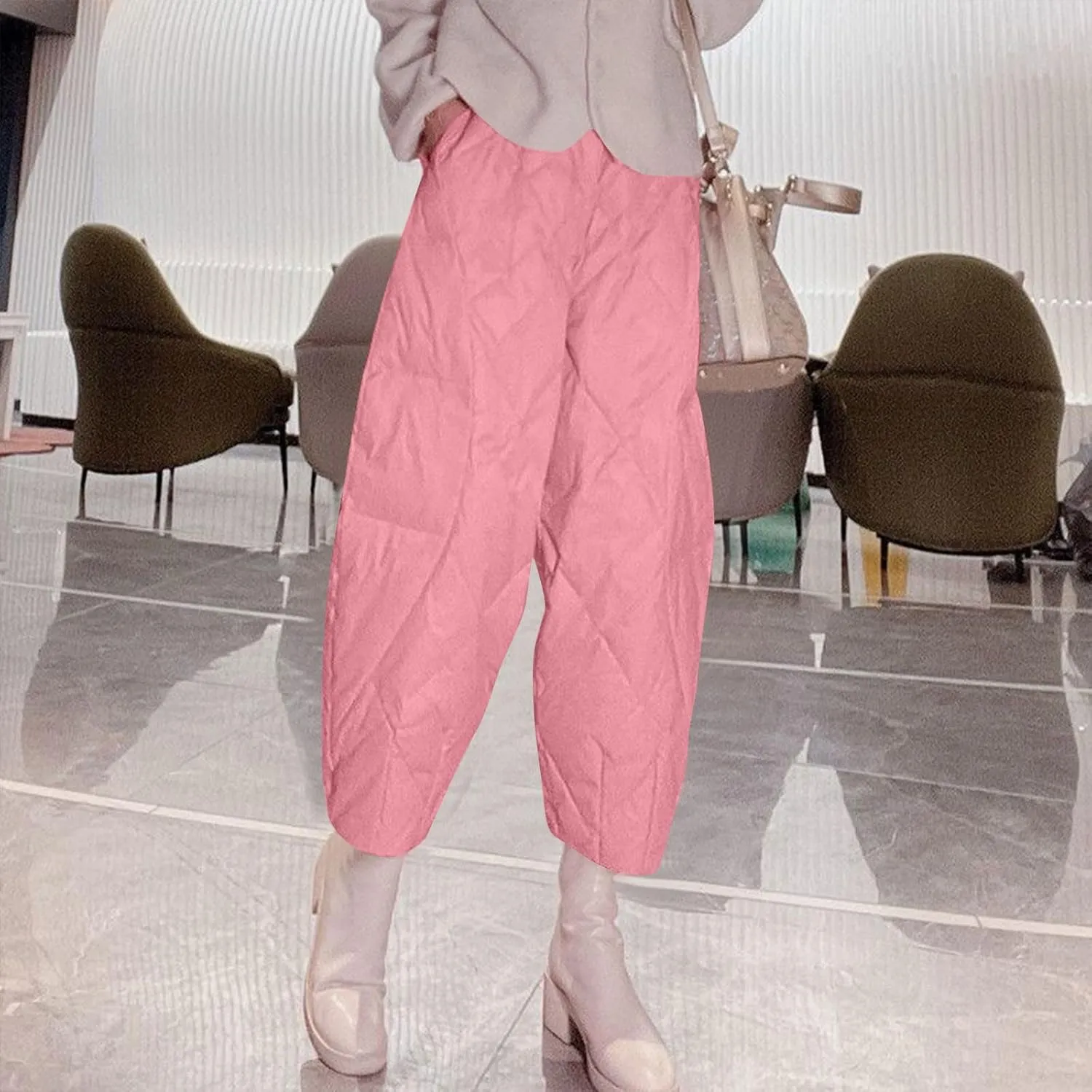HGps8w Lightweight Baggy Down Cotton Pants for Women Plus Size Casual Warm Winter Padded Quilted Insulation Harem Pants