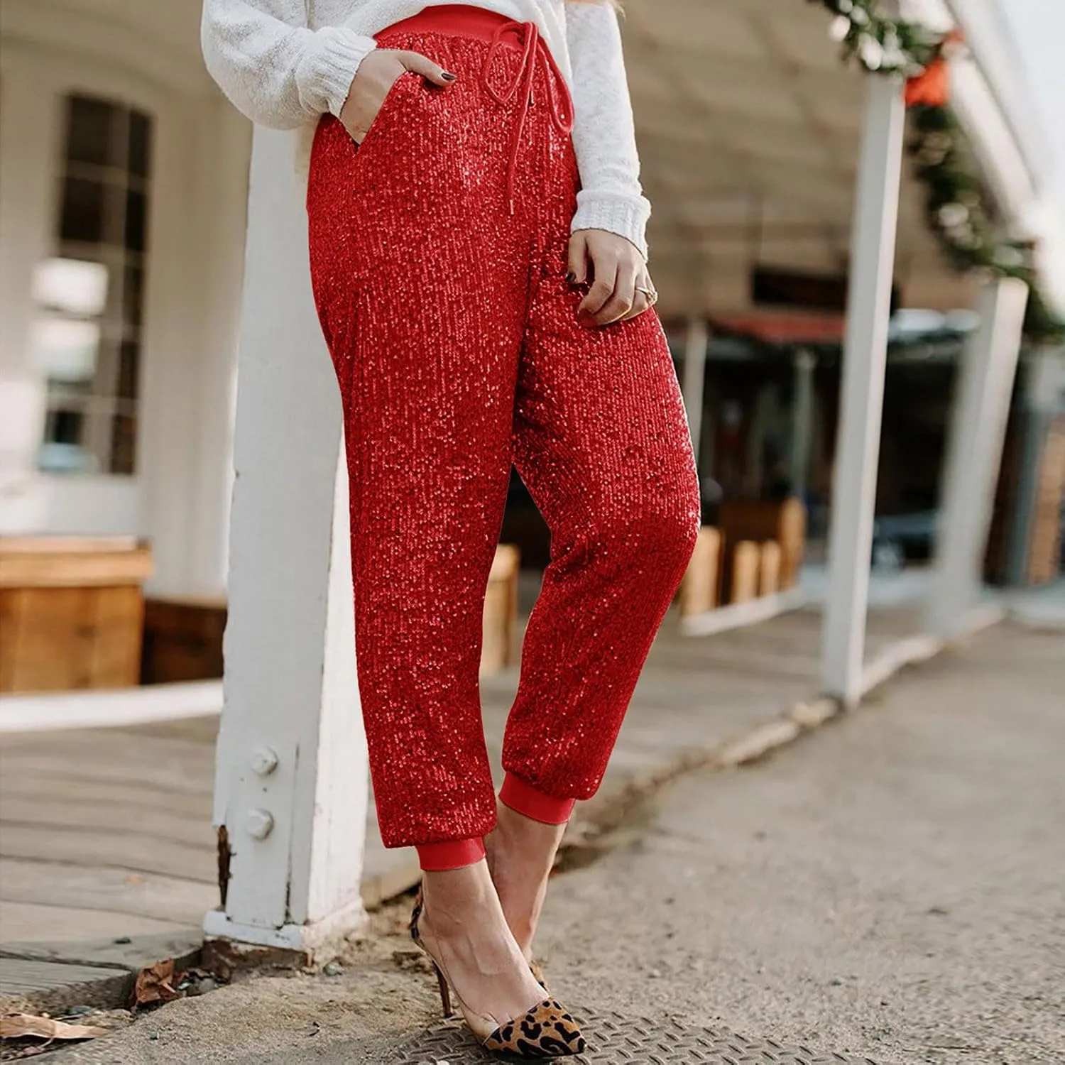 HGps8w Women's Sequin Joggers Pants Drawstring High Waisted Sparkle Glitter Cropped Pants Harem Trousers Clubwear