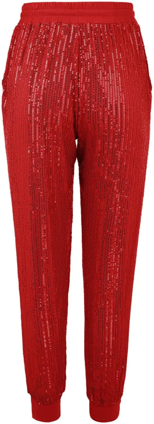 HGps8w Women's Sequin Joggers Pants Drawstring High Waisted Sparkle Glitter Cropped Pants Harem Trousers Clubwear