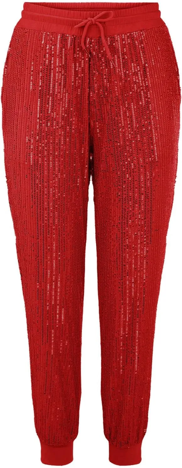 HGps8w Women's Sequin Joggers Pants Drawstring High Waisted Sparkle Glitter Cropped Pants Harem Trousers Clubwear