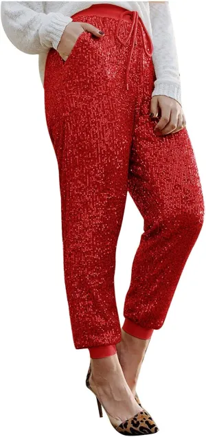 HGps8w Women's Sequin Joggers Pants Drawstring High Waisted Sparkle Glitter Cropped Pants Harem Trousers Clubwear