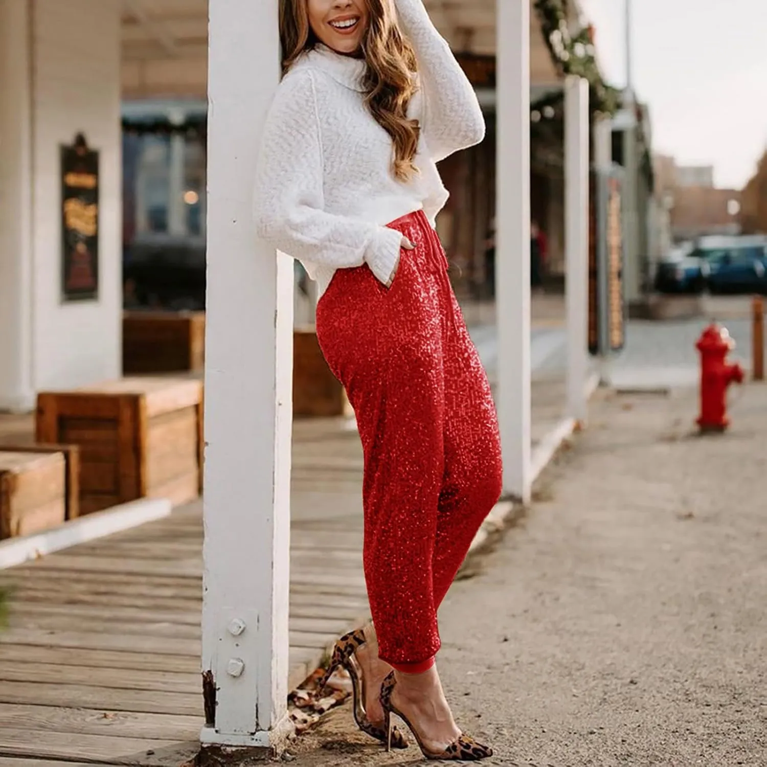 HGps8w Women's Sequin Joggers Pants Drawstring High Waisted Sparkle Glitter Cropped Pants Harem Trousers Clubwear