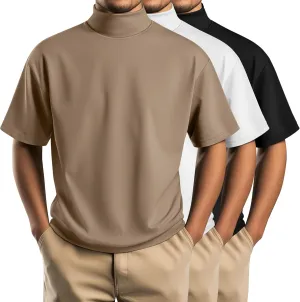 Huukeay 3 Pack Men's Big and Tall Turtleneck Shirt, Cotton Short Sleeve Mock Neck Tops Loose Fit Basic Casual Undershirt Tee