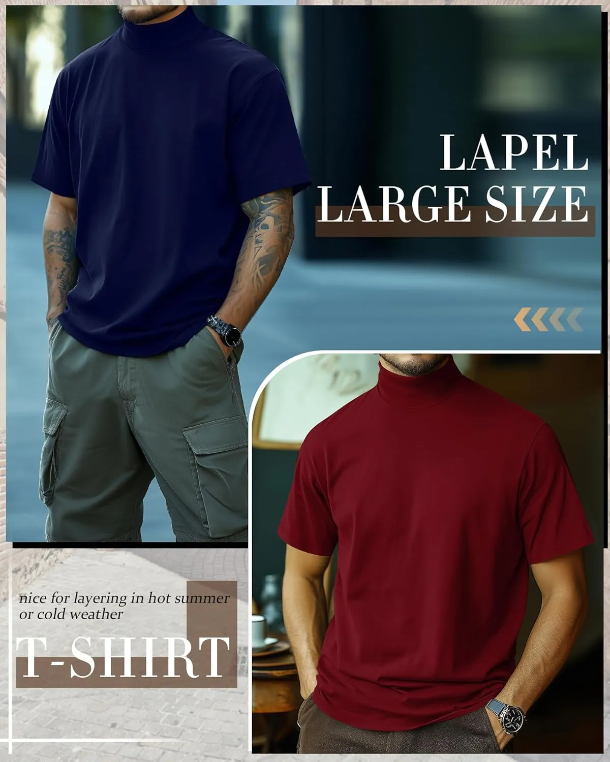 Huukeay 3 Pack Men's Big and Tall Turtleneck Shirt, Cotton Short Sleeve Mock Neck Tops Loose Fit Basic Casual Undershirt Tee