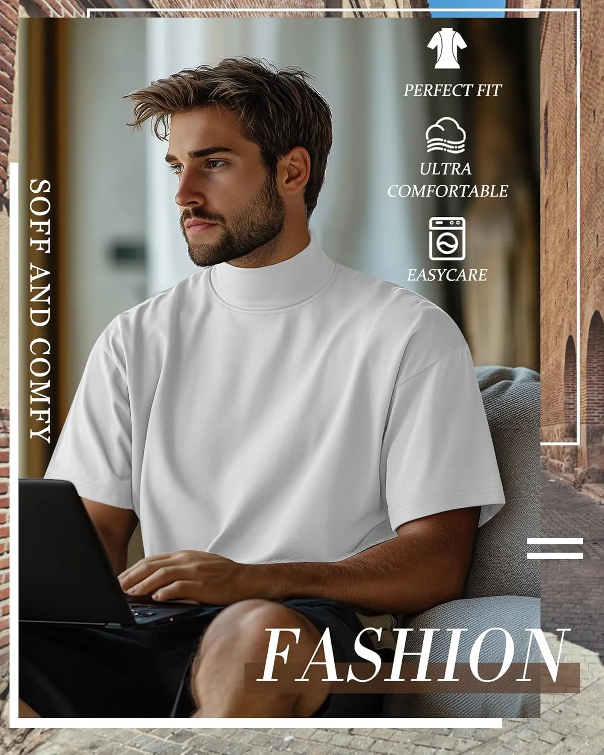 Huukeay 3 Pack Men's Big and Tall Turtleneck Shirt, Cotton Short Sleeve Mock Neck Tops Loose Fit Basic Casual Undershirt Tee