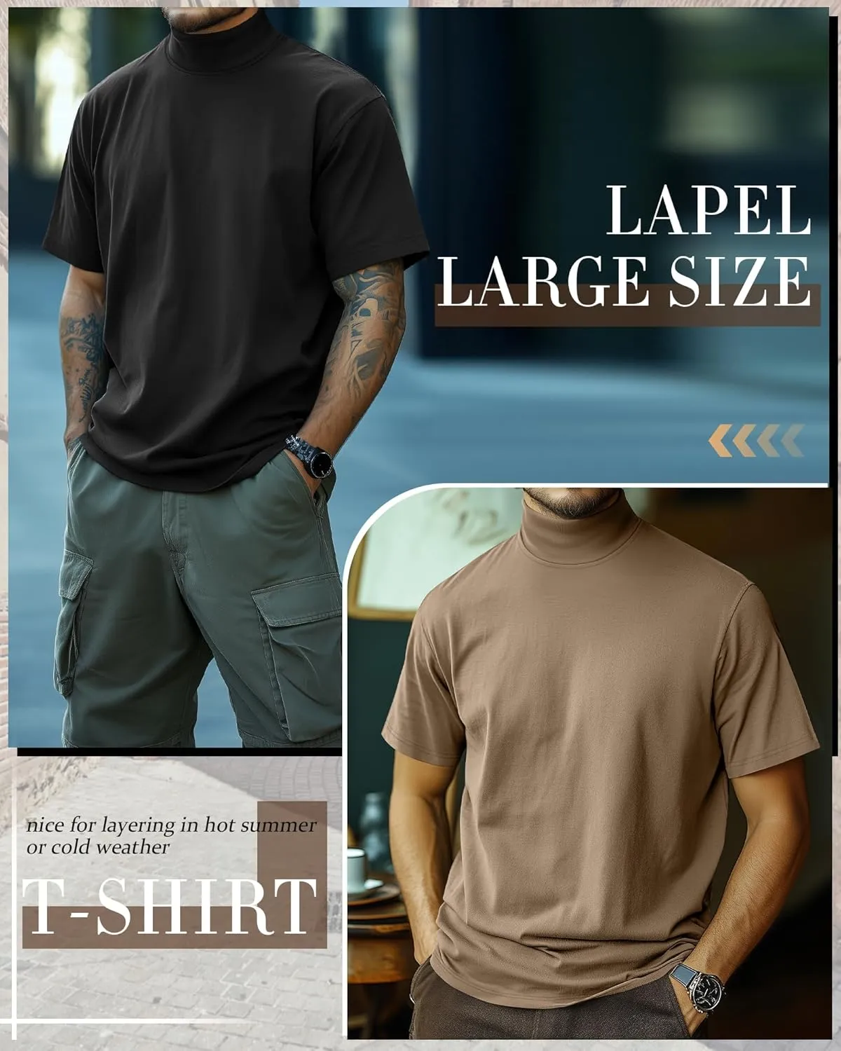 Huukeay 3 Pack Men's Big and Tall Turtleneck Shirt, Cotton Short Sleeve Mock Neck Tops Loose Fit Basic Casual Undershirt Tee