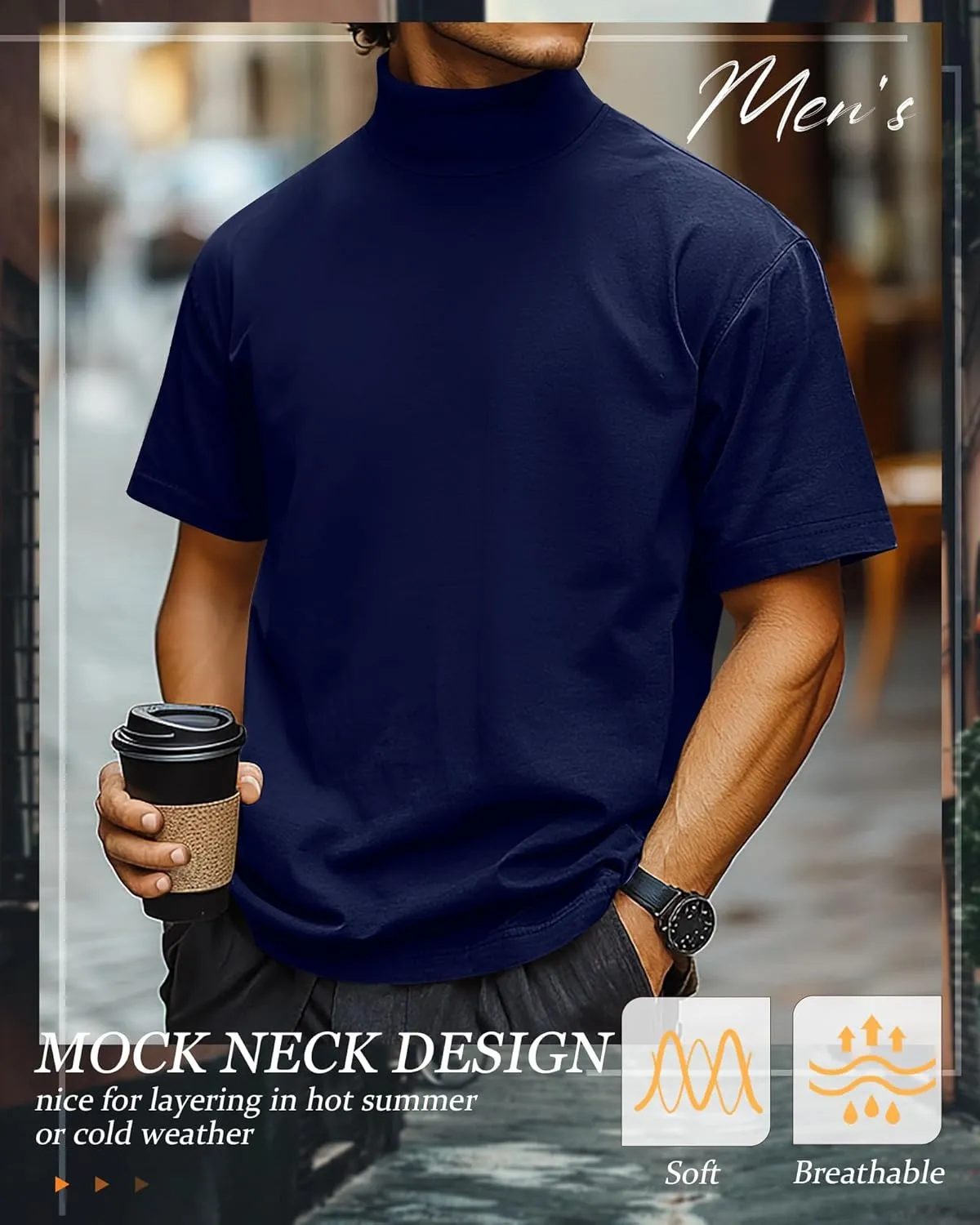Huukeay 3 Pack Men's Big and Tall Turtleneck Shirt, Cotton Short Sleeve Mock Neck Tops Loose Fit Basic Casual Undershirt Tee