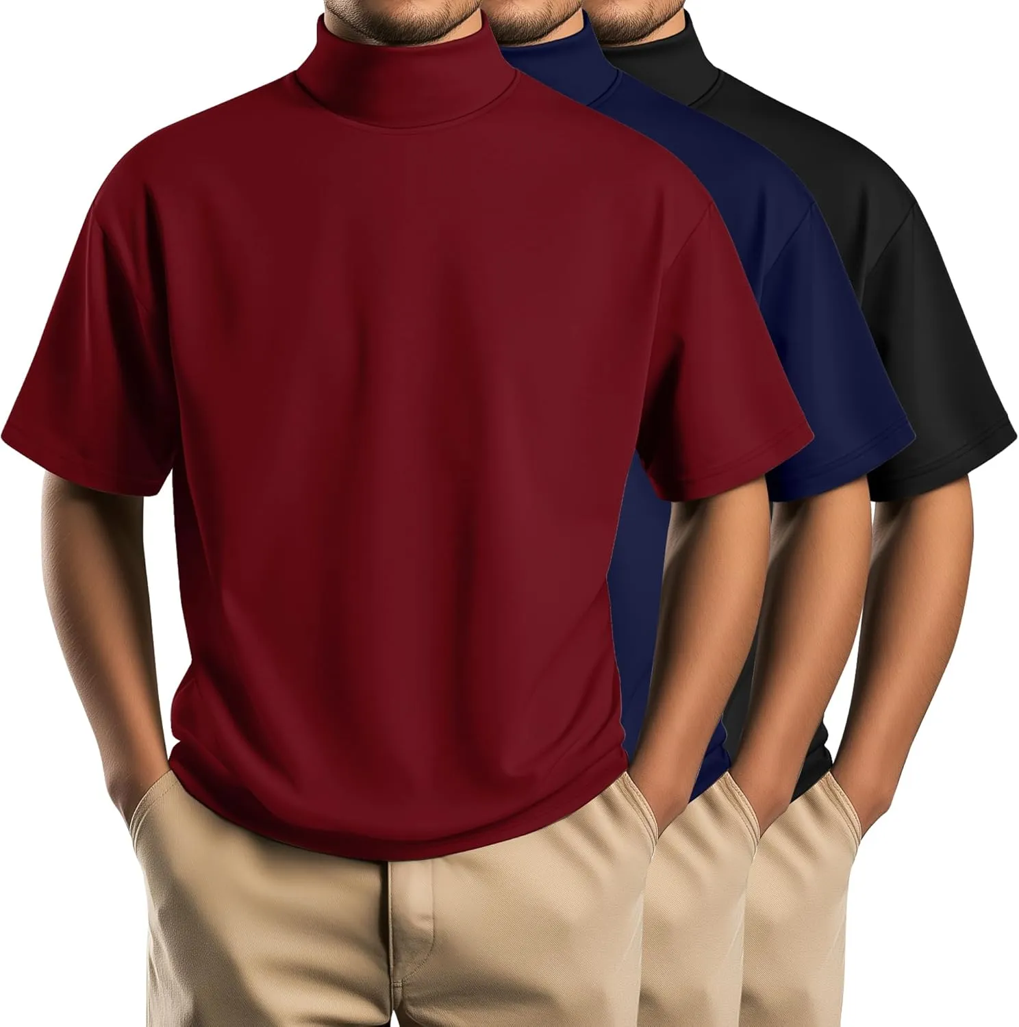 Huukeay 3 Pack Men's Big and Tall Turtleneck Shirt, Cotton Short Sleeve Mock Neck Tops Loose Fit Basic Casual Undershirt Tee