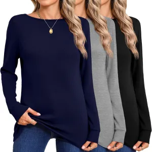 Huukeay 3 Pack Women's Long Sleeve Shirts Cotton Boat Neck Tee Basic Casual Tunic Top Loose Fit Outfits Clothes with Leggings