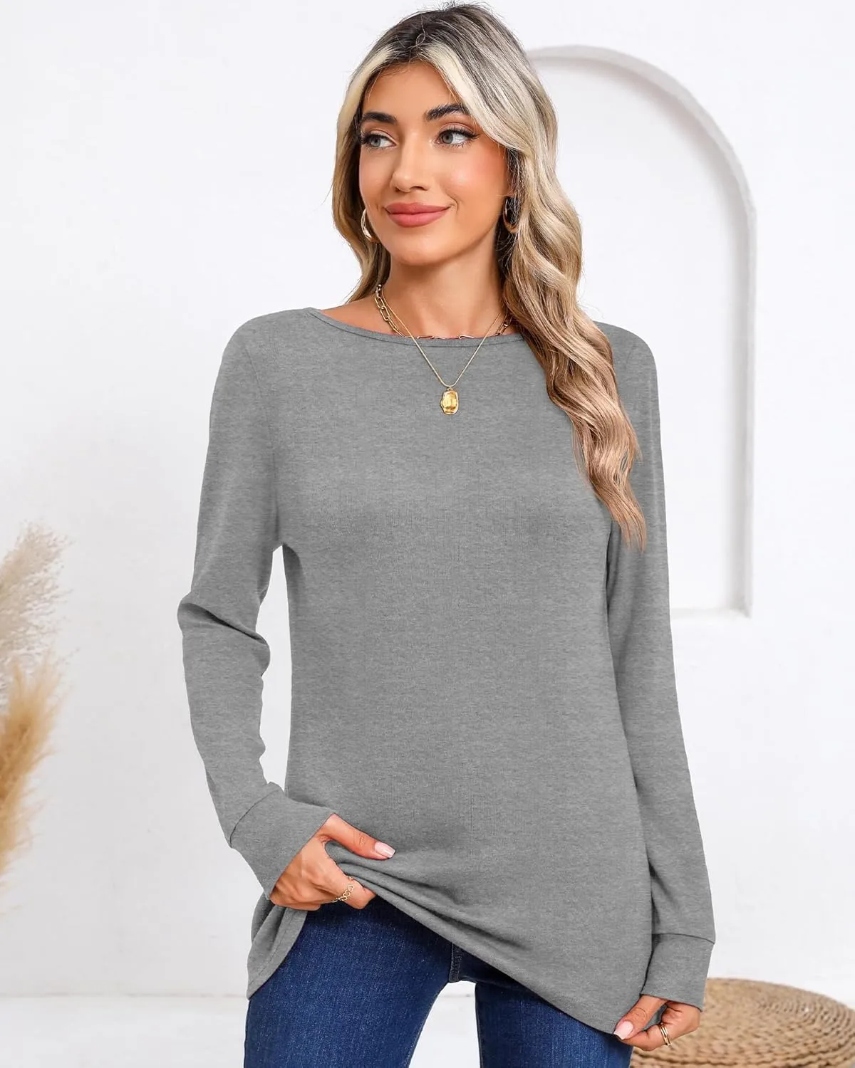 Huukeay 3 Pack Women's Long Sleeve Shirts Cotton Boat Neck Tee Basic Casual Tunic Top Loose Fit Outfits Clothes with Leggings