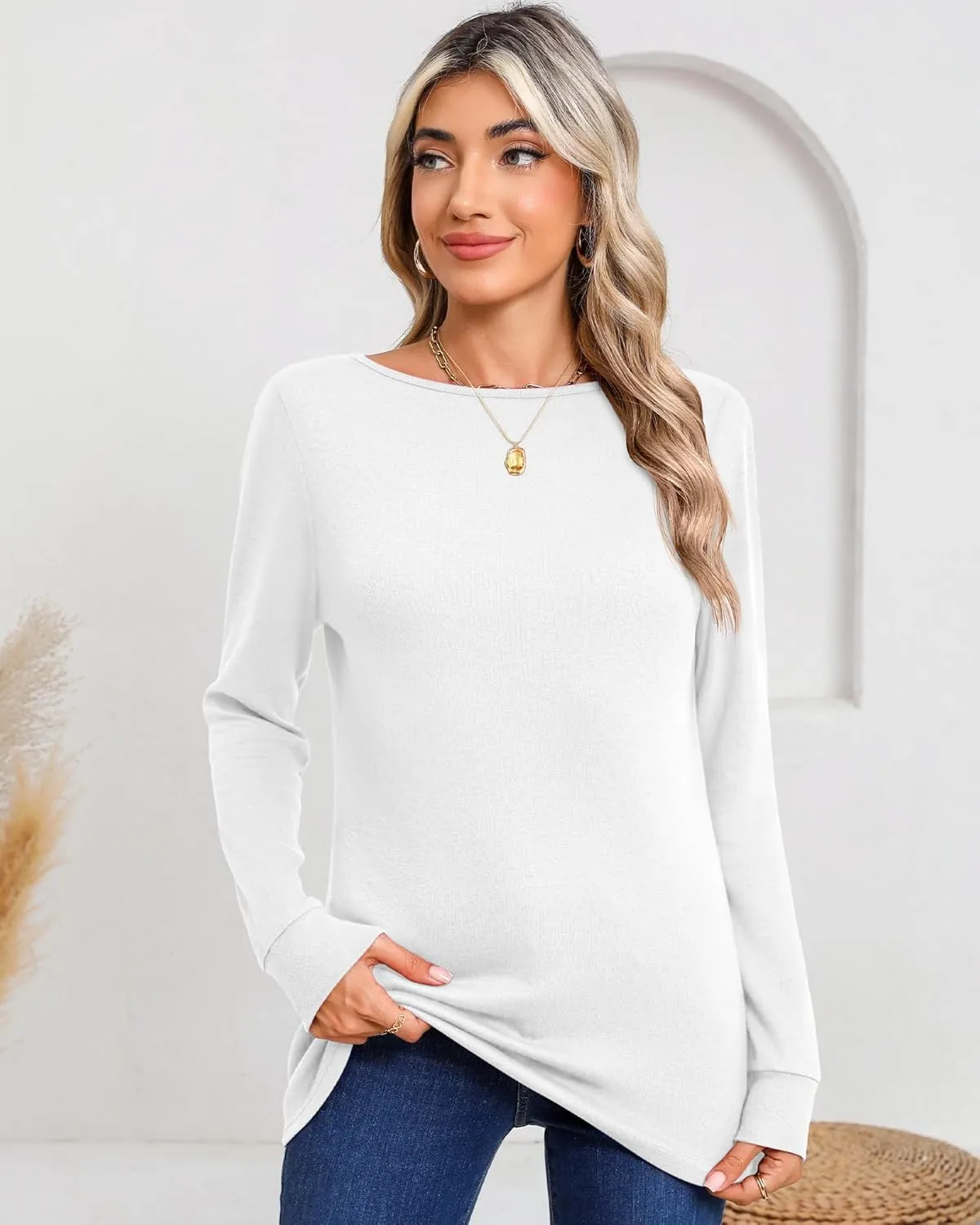 Huukeay 3 Pack Women's Long Sleeve Shirts Cotton Boat Neck Tee Basic Casual Tunic Top Loose Fit Outfits Clothes with Leggings