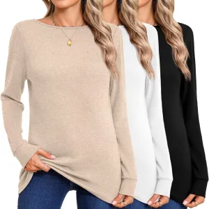 Huukeay 3 Pack Women's Long Sleeve Shirts Cotton Boat Neck Tee Basic Casual Tunic Top Loose Fit Outfits Clothes with Leggings