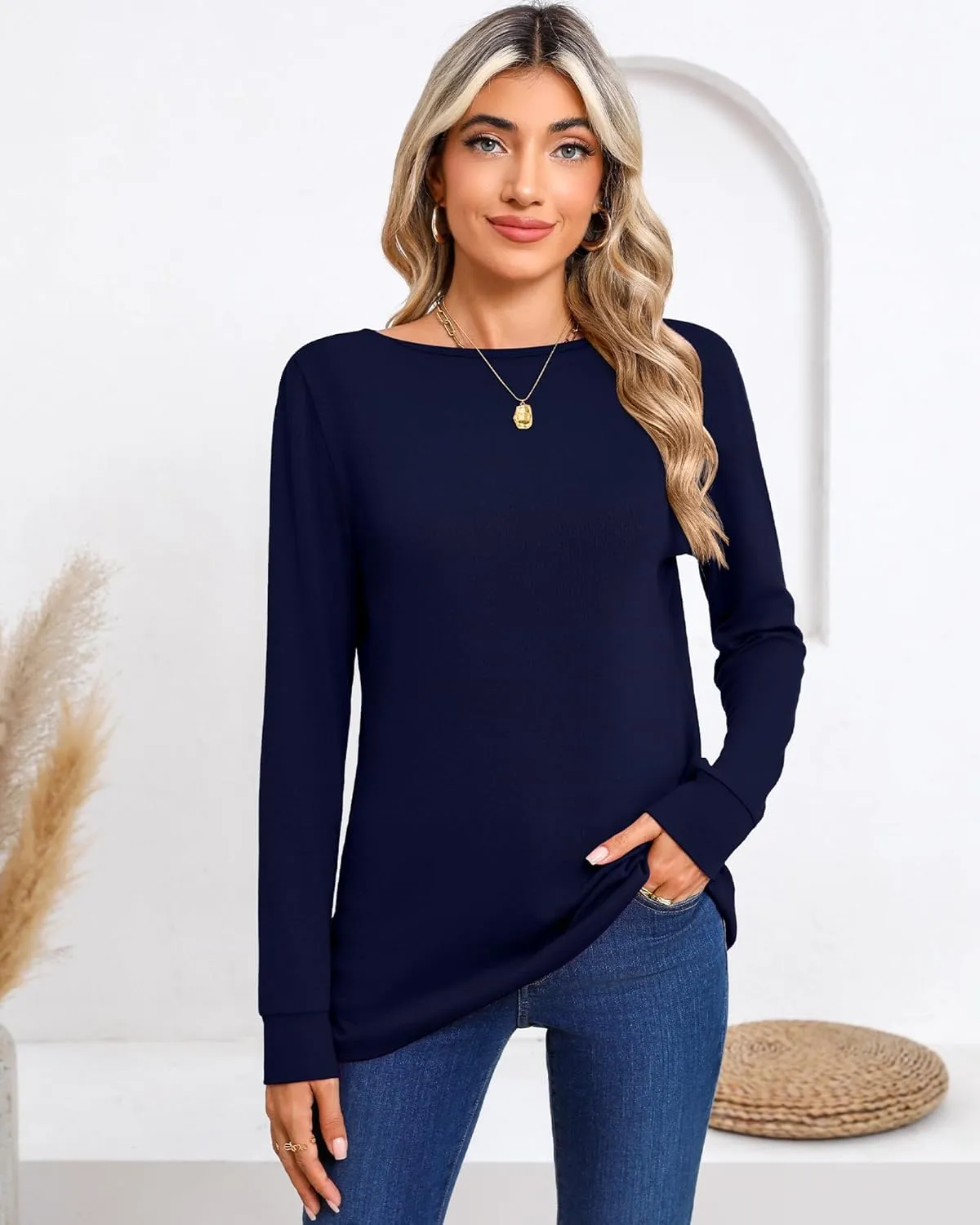 Huukeay 3 Pack Women's Long Sleeve Shirts Cotton Boat Neck Tee Basic Casual Tunic Top Loose Fit Outfits Clothes with Leggings